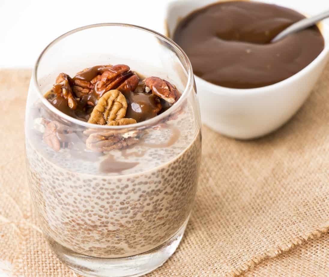 Salted Caramel & Pecan Chia Pudding in a serving glass.