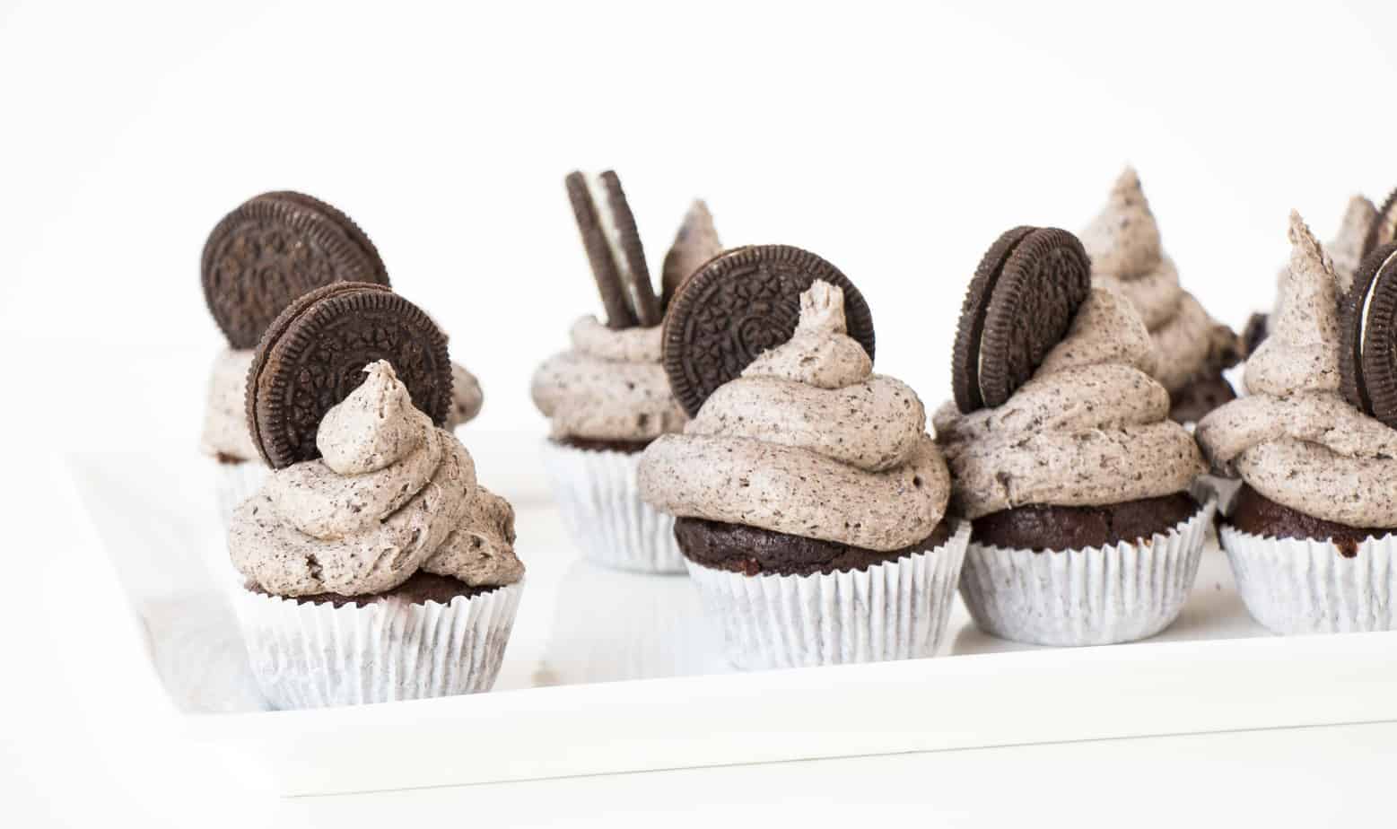A tray of Oreo cupcakes with Oreo frosting.