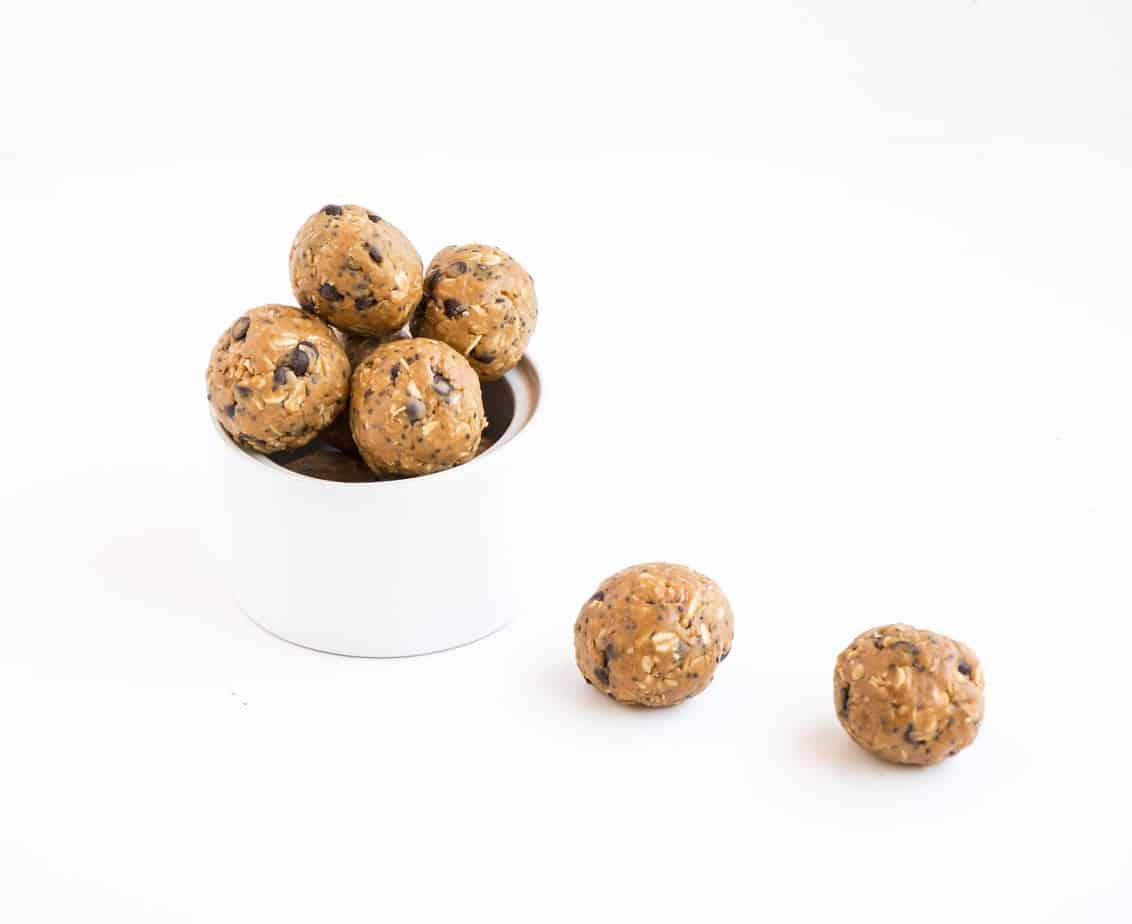 Peanut Butter Choc Chip Energy Balls in serving dish.