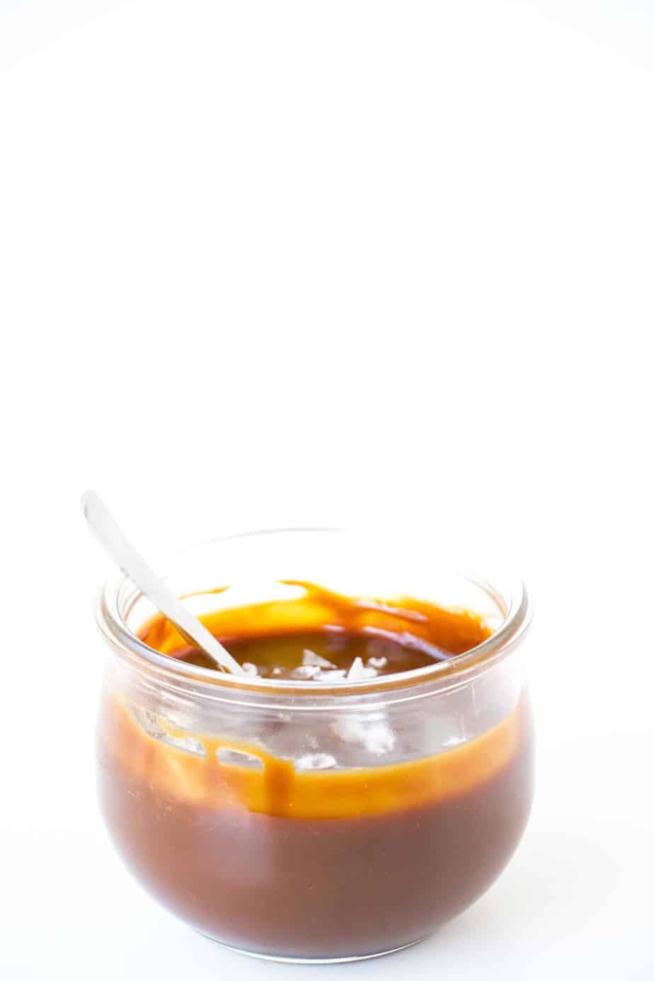 Salted Caramel Sauce in glass serving jar.