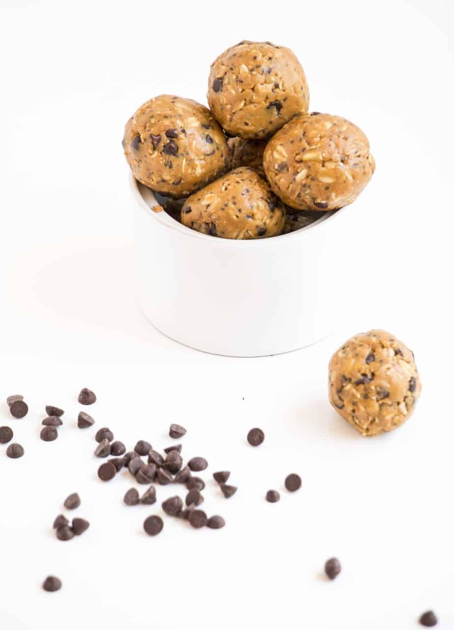 Peanut Butter Choc Chip Energy Balls in a white bowl.