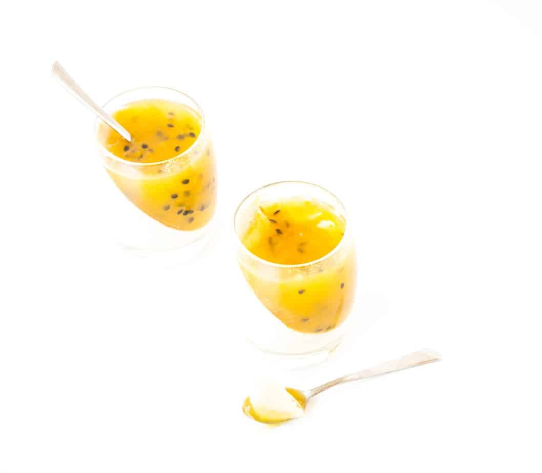 Vegan Passionfruit Panna Cotta with passion fruit jelly.