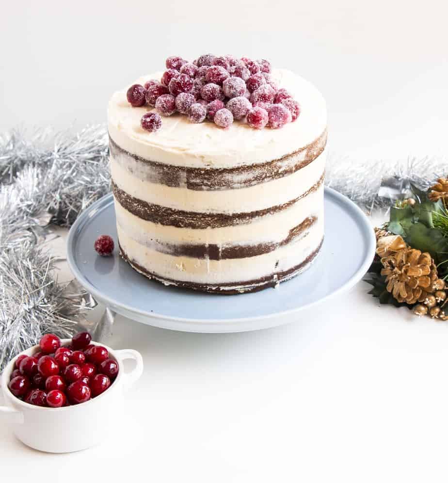 Soft Gingerbread Cake with Sparkling Cranberries in festive setting