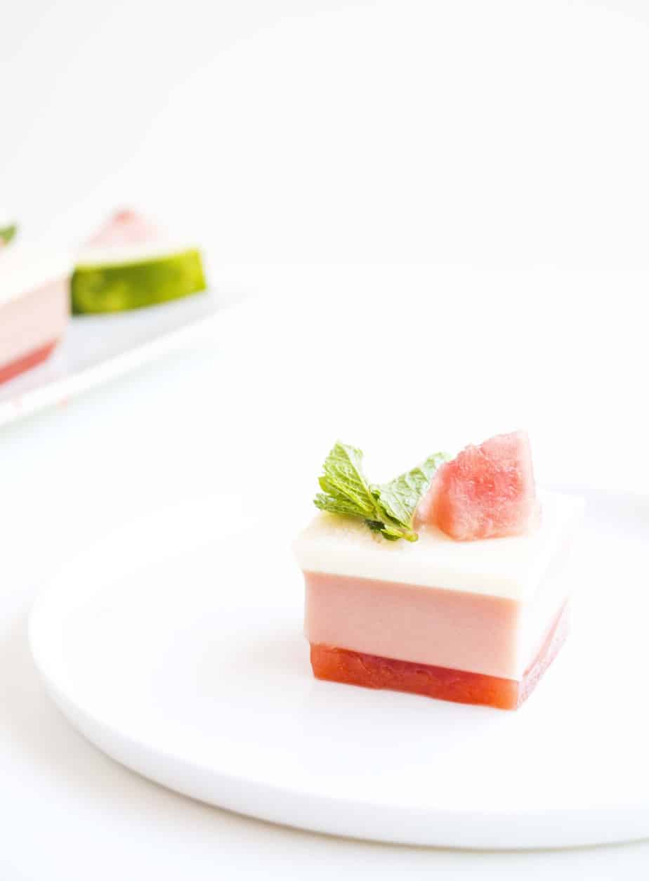 3 Layer Watermelon Gelatin Cubes with mint and watermelon.