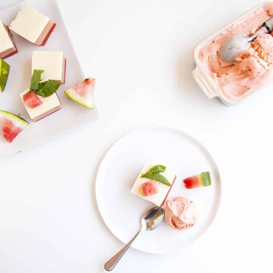 3 Layer Watermelon Gelatin Cubes on a plate with ice cream
