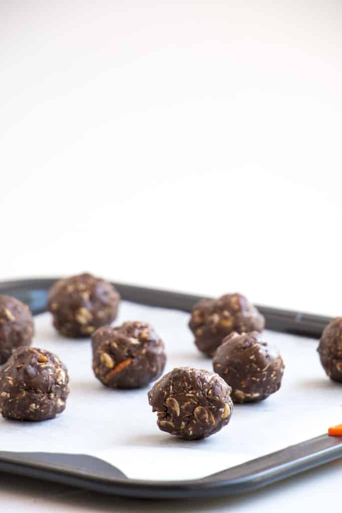 Nutty Chocolate Energy Balls on baking tray.