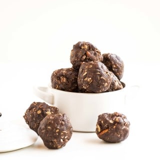 Nutty Chocolate Energy Balls. Vegan, gluten free, made with chia seeds, peanut butter and pecan nuts.