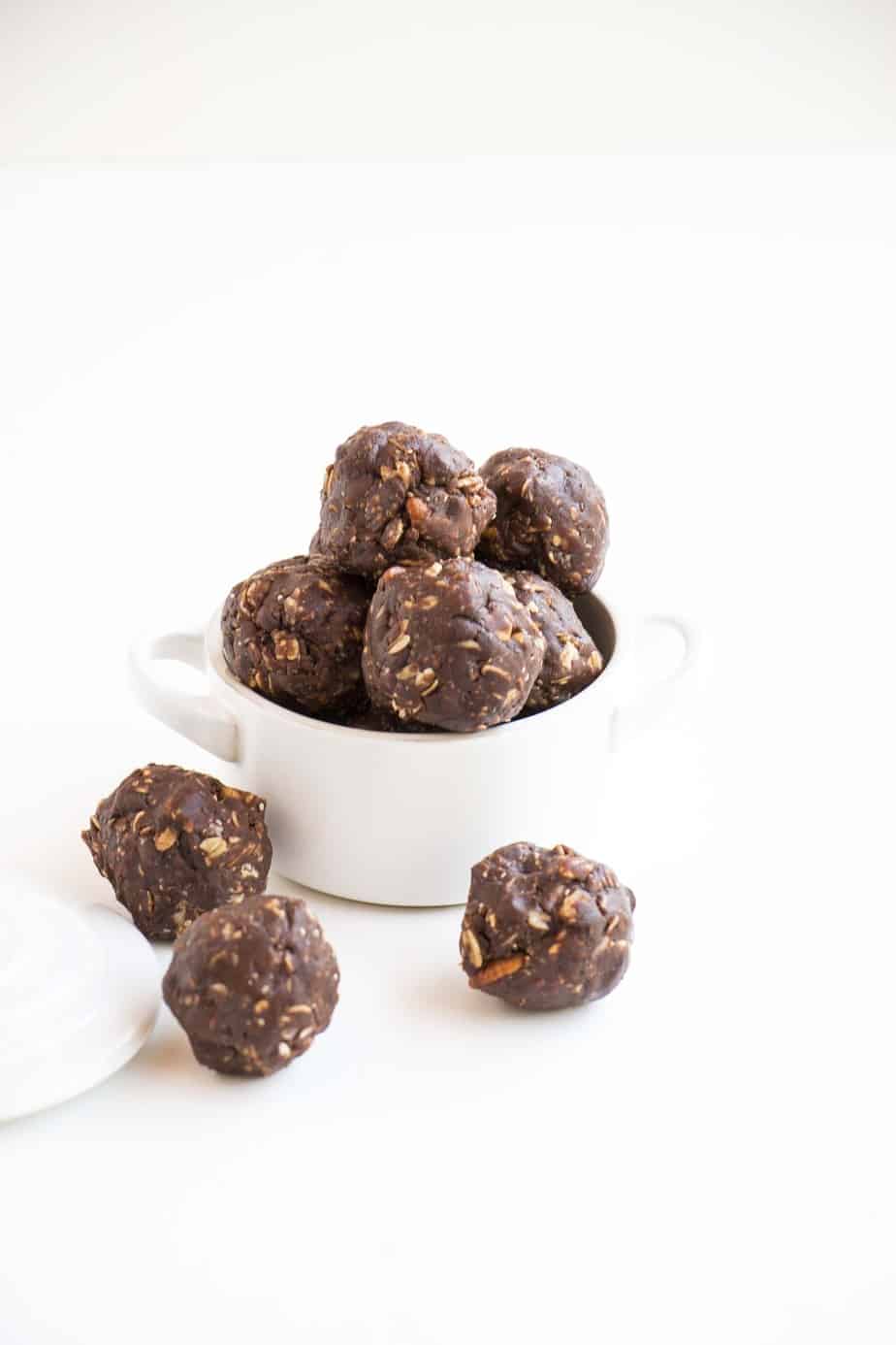 Nutty Chocolate Energy Balls in white bowl.