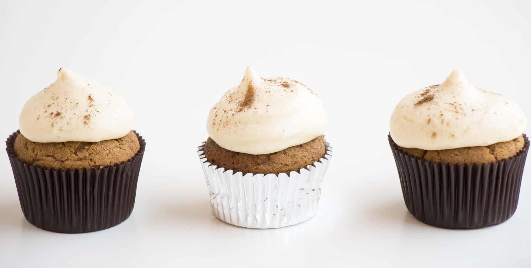 Three Vegan Gingerbread Cupcakes with Cream Cheese Frosting