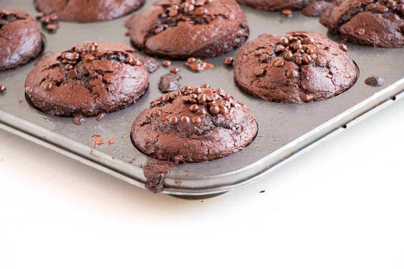 Dark Chocolate Vegan Muffins in baking tray