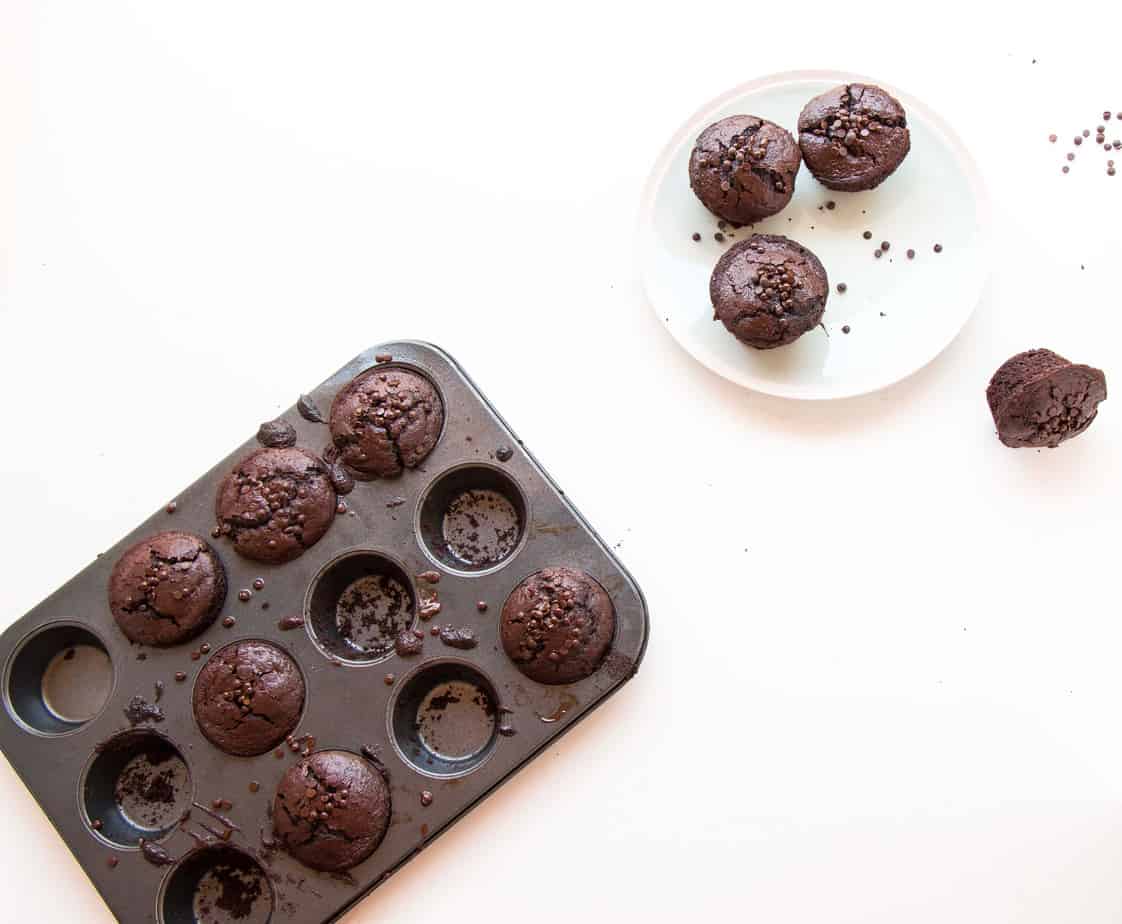 Dark Chocolate Vegan Muffins on a plate and baking tray