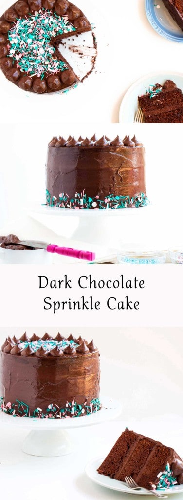 Dark Chocolate Sprinkle Cake - The most scrumptious dark chocolate cake recipe, topped with a creamy fudge frosting. The perfect cake for any and all occasions.