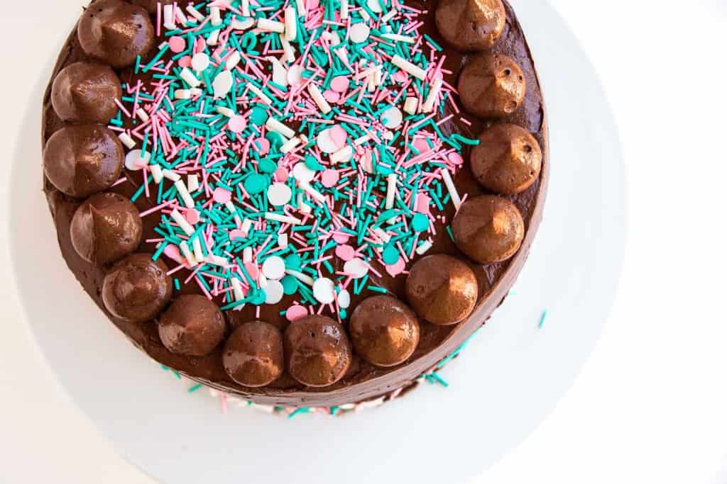 Dark Chocolate Sprinkle Cake - The most scrumptious dark chocolate cake recipe, topped with a creamy fudge frosting. The perfect cake for any and all occasions.