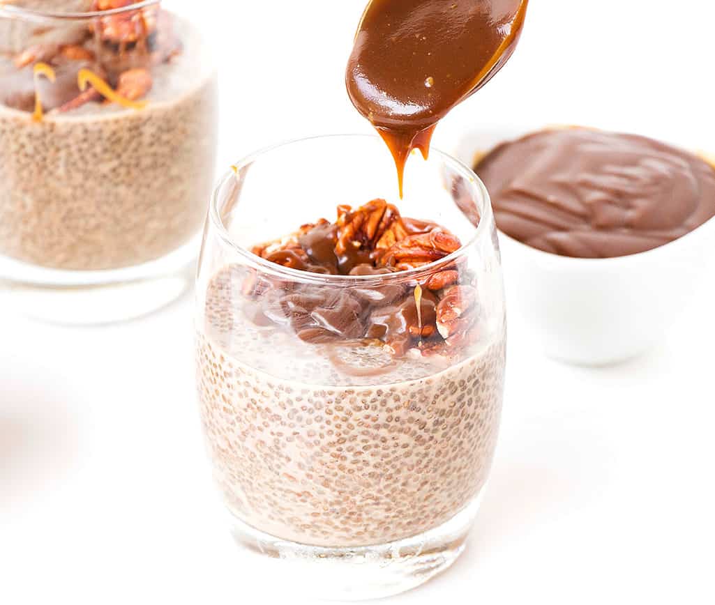 caramel dripping on a chia pudding