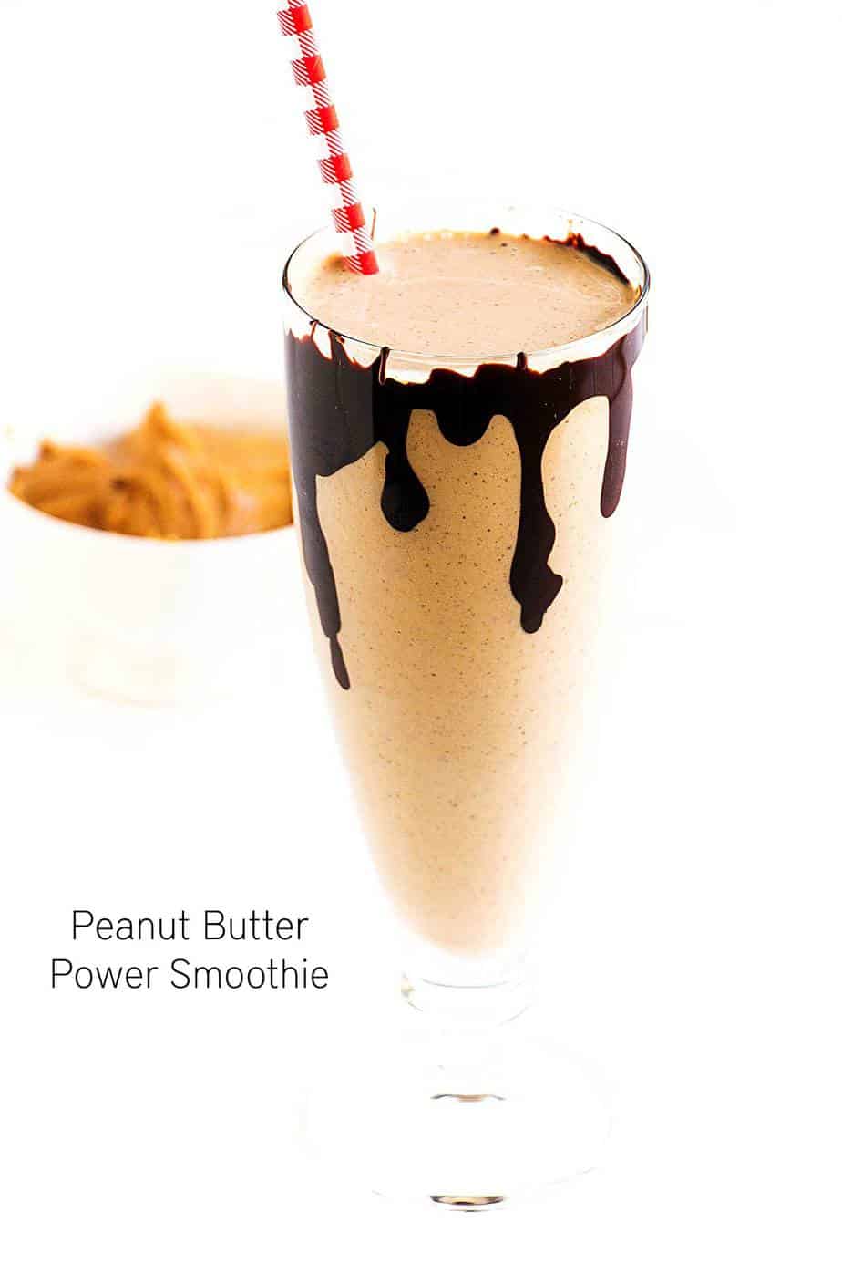 Peanut Butter Power Smoothie - A delicious creamy smoothie recipe packed with tons of protein and flavour. It will keep you full and powered up the entire day. Vegan, gluten free and made with peanut butter, chia seeds and dark chocolate.