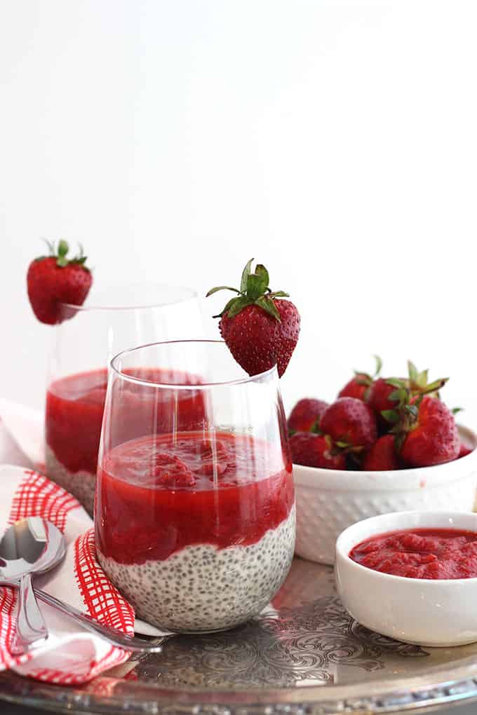 A strawberry chia pudding with a compote topping.