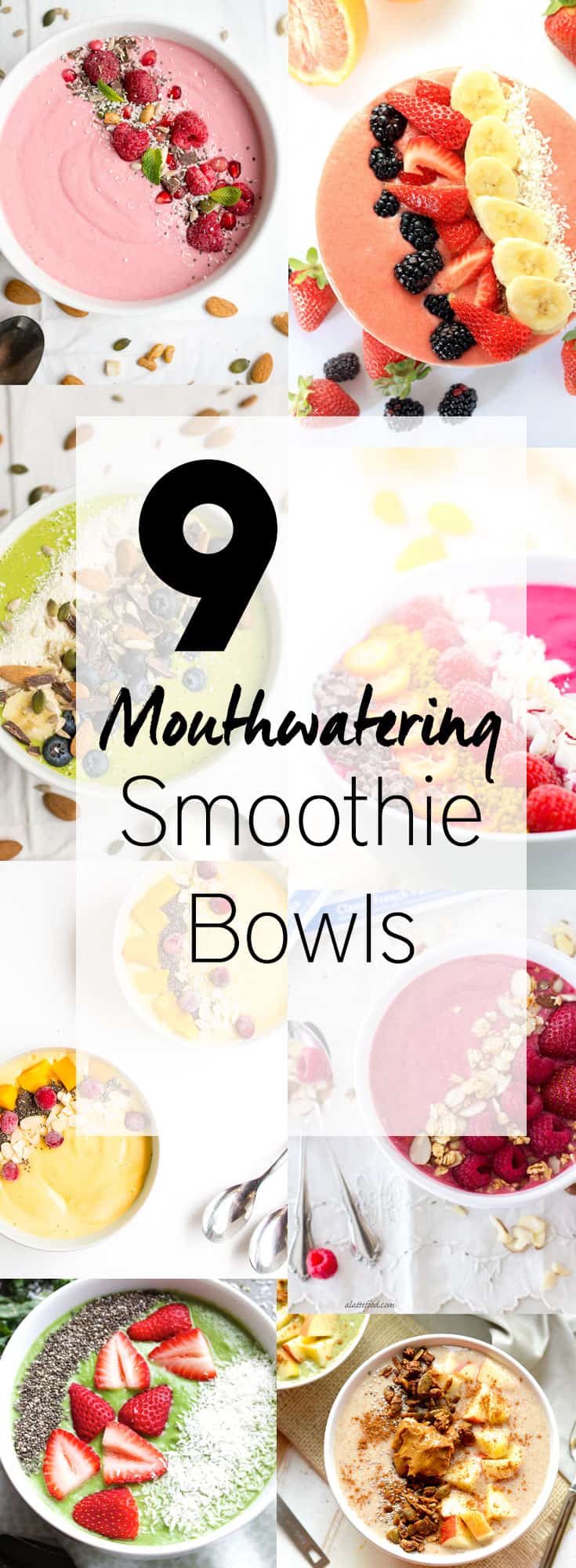 9 Mouthwatering Smoothie Bowls - 9 Easy smoothie bowl recipes that will have you drooling. Not only are they beautiful and delicious but also packed with healthy ingredients.