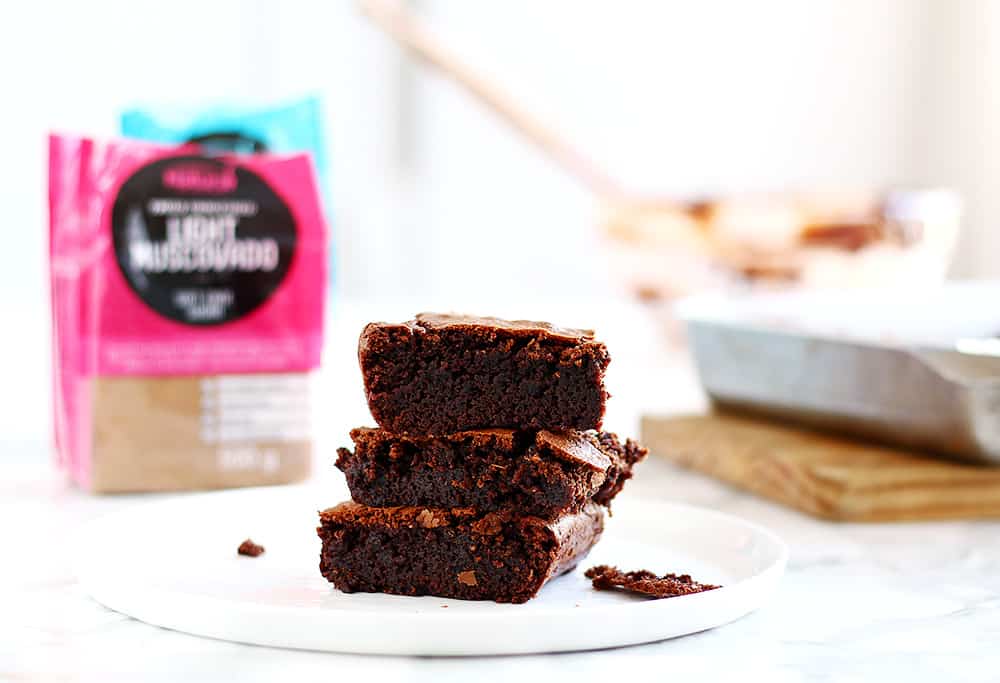 A stack of chocolate brownies.