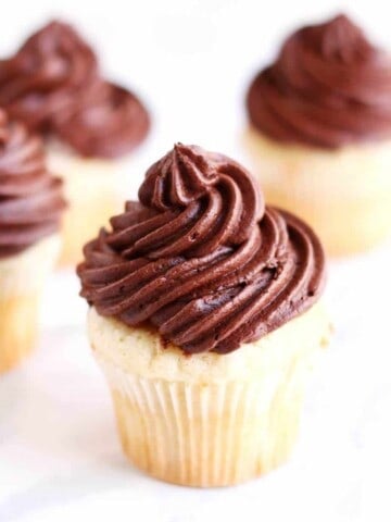 The ultimate go to cupcake recipe, this moist vanilla cupcake recipe with creamy chocolate frosting only takes a few minutes to whip up and can be frozen for up to a few weeks! The only cupcake recipe you will ever need!