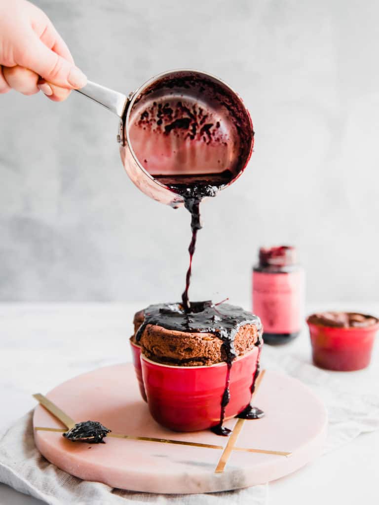 Easy Chocolate Soufflé with Red Wine Mulberry Sauce