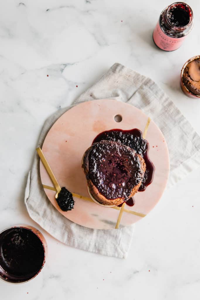 Easy Chocolate Soufflé with Red Wine Mulberry Sauce