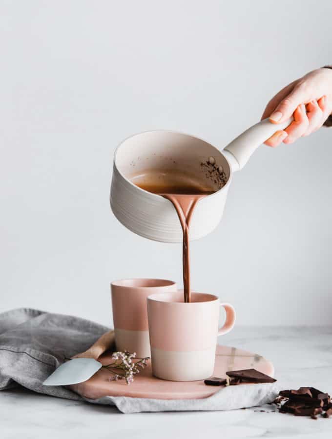 Easy, creamy, decadent Vegan Chai Spiced Hot Chocolate. Is there a better way to stay cosy this winter than with an easy hot cocoa recipe?!
