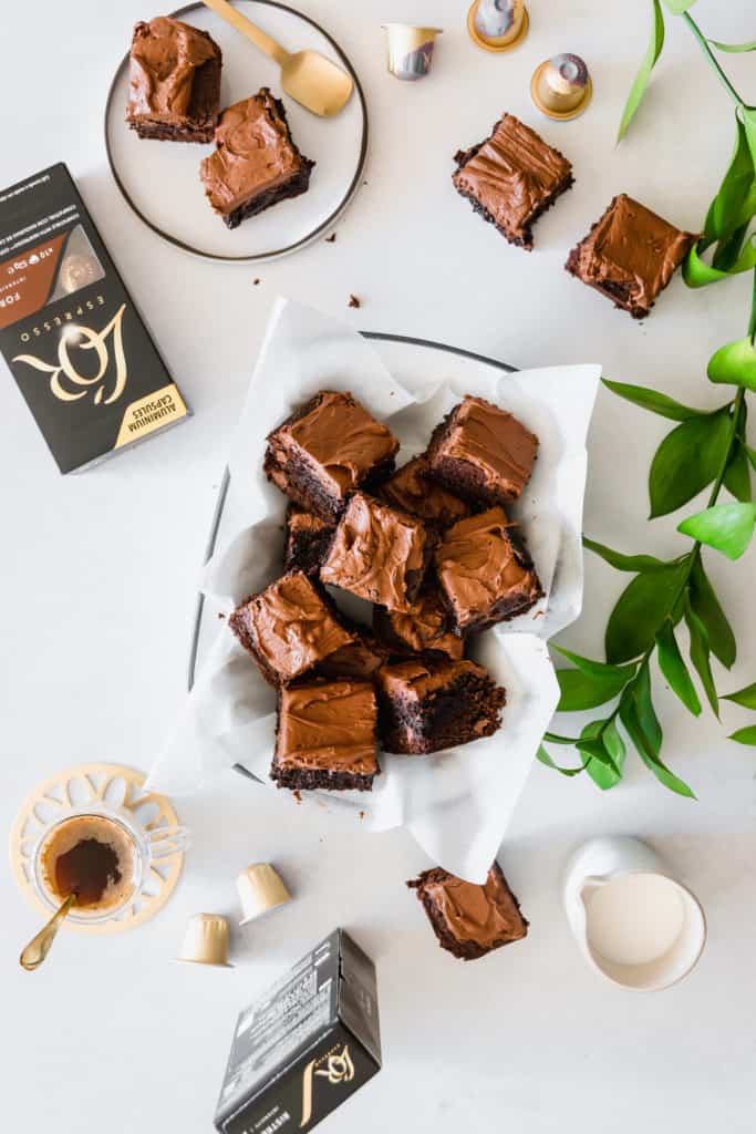 Indulgent Chocolate Espresso Brownies with a creamy ganache topping that are thick and fudgy with deep chocolate coffee flavor in each decadent bite. 
