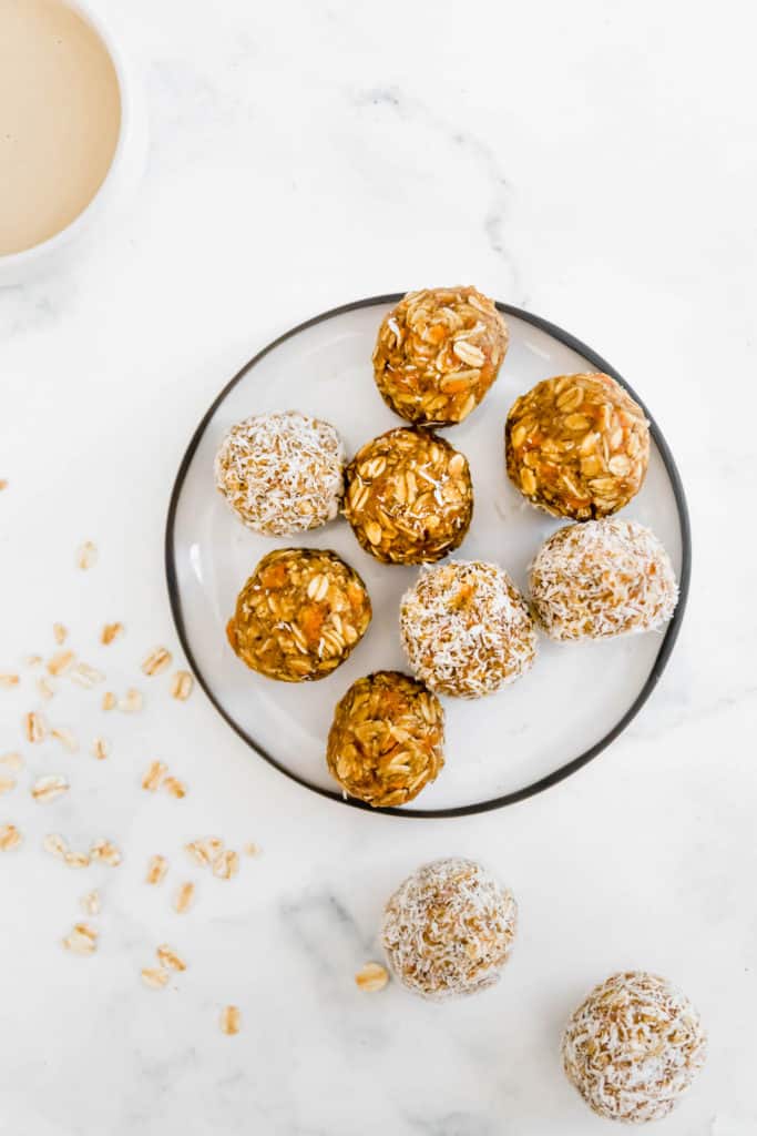 carrot cake energy balls with oatmeal on plate 