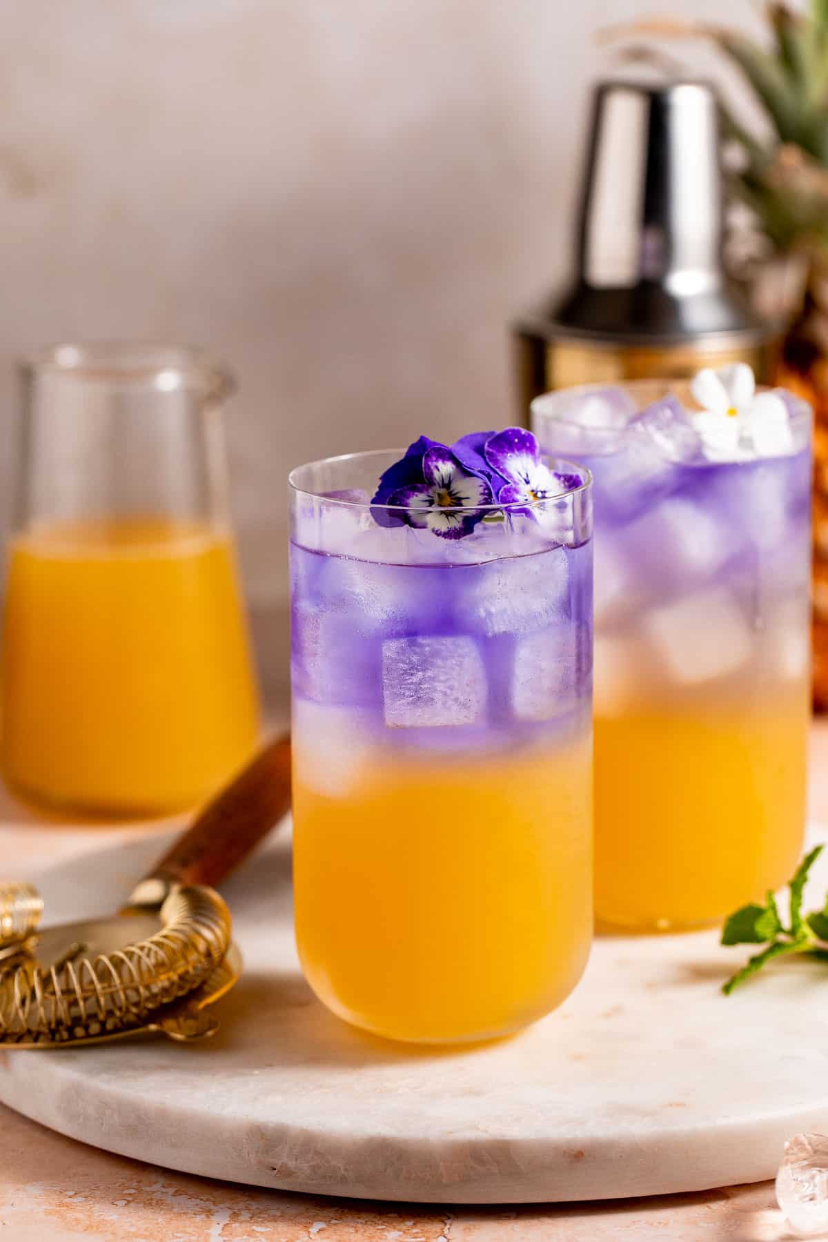 Gin and Juice Drinks served in a cocktail glass filled with ice and garnished with edible flowers.