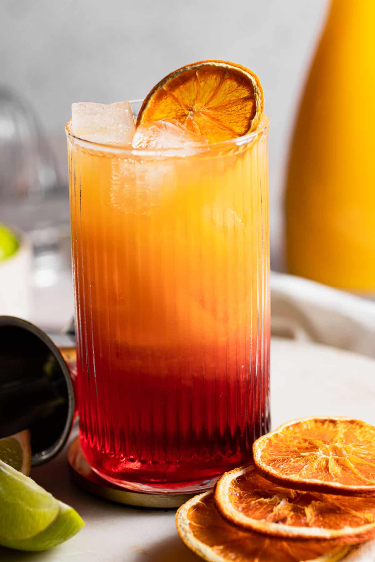 cocktail in highball glass with dried orange slices