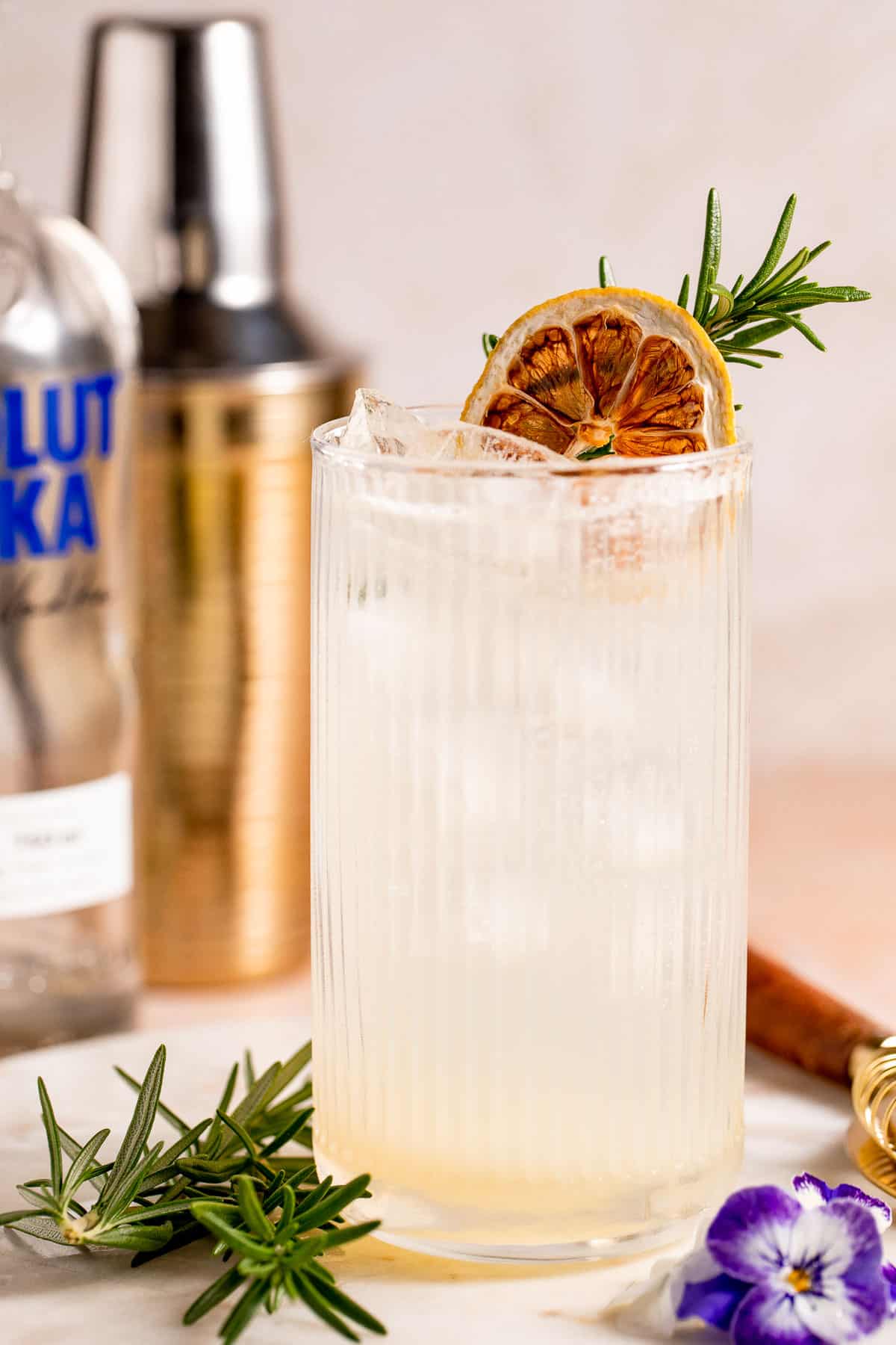 A Vodka Collins cocktail in a serving glass garnished with an orange slice and fresh herbs.