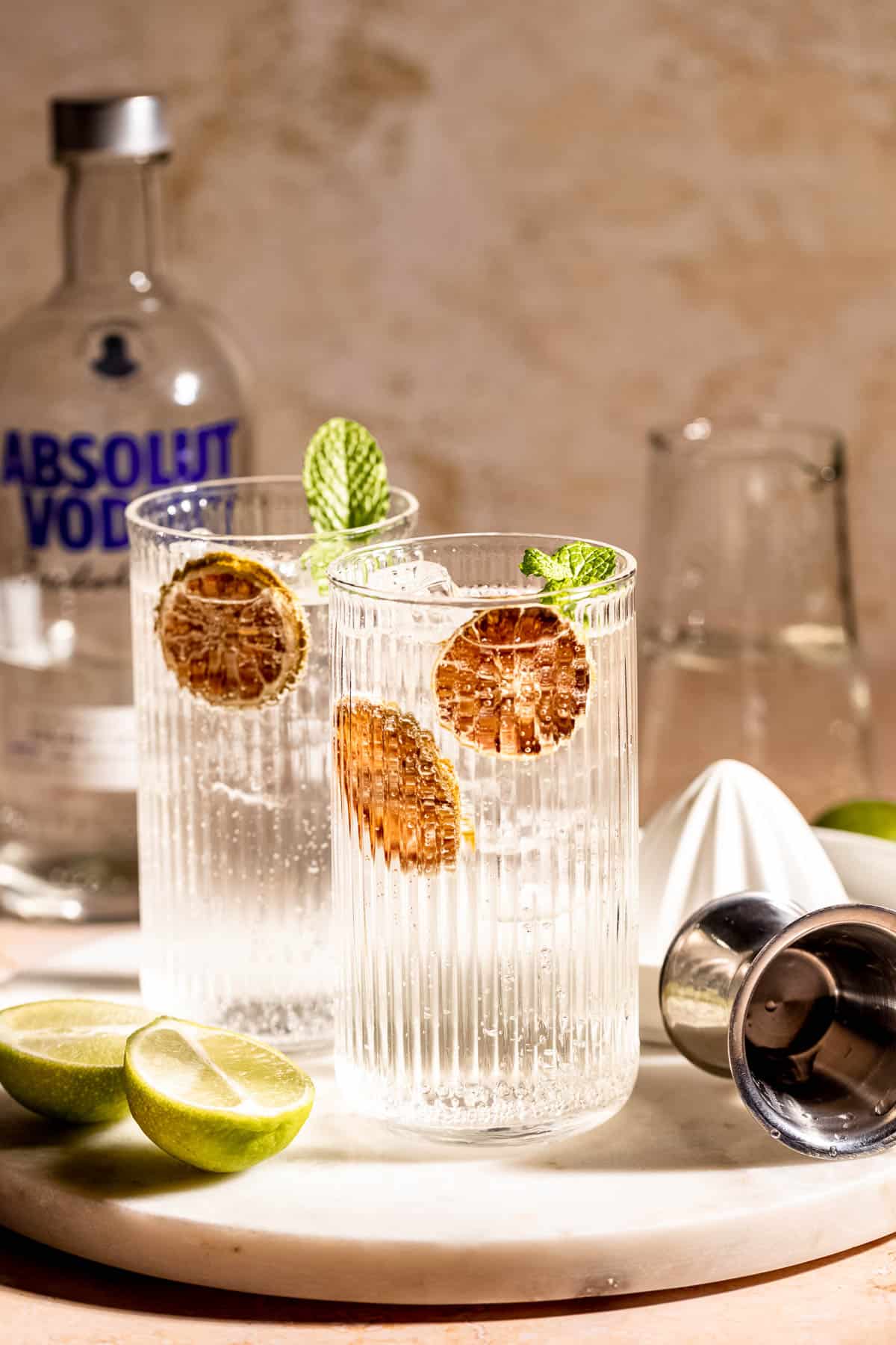 vodka and sprite in highball glasses with dehydrated orange slices