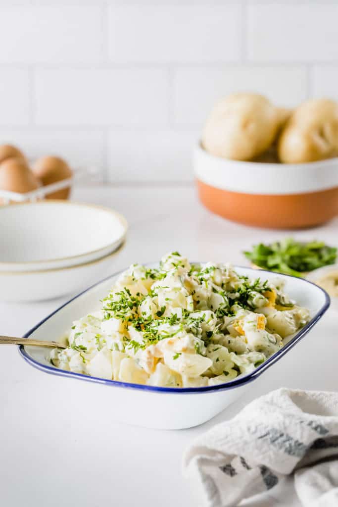 Enamel dish with classic potato salad and potatoes in background