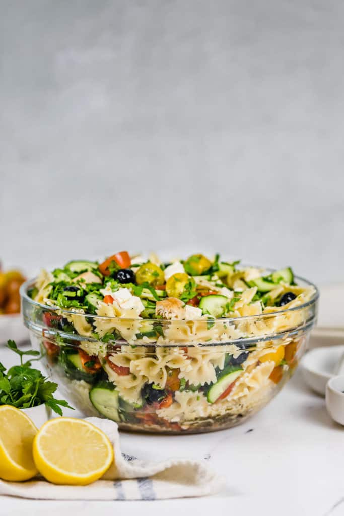 bowtie pasta salad in glass bowl