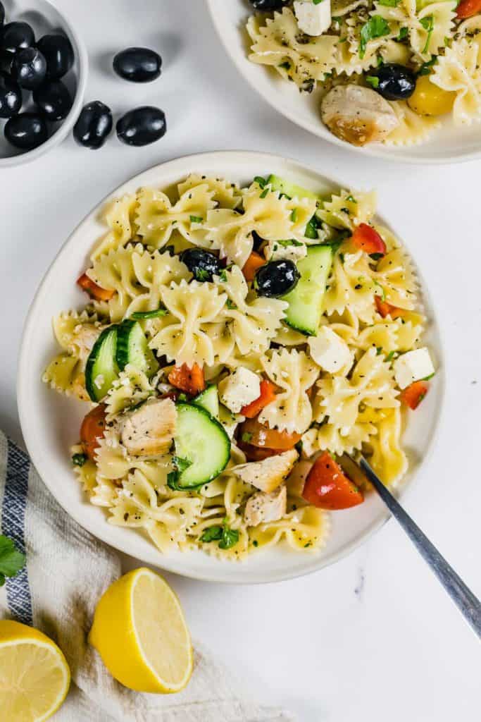 pasta salad in white bowl
