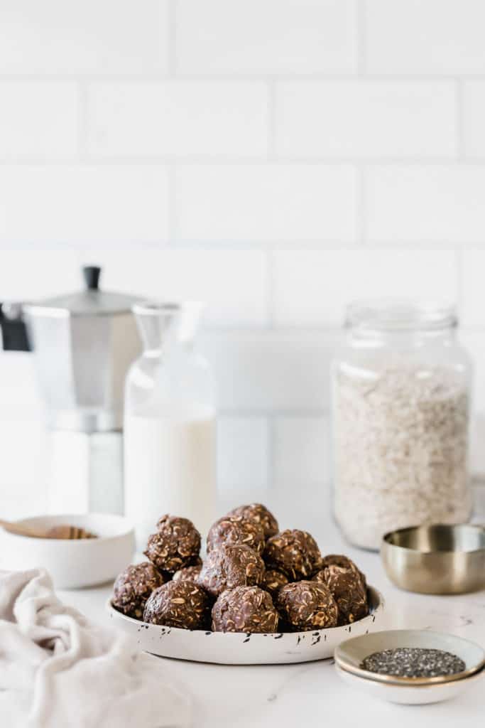 Nutella Chia Energy Bites on a white plate.