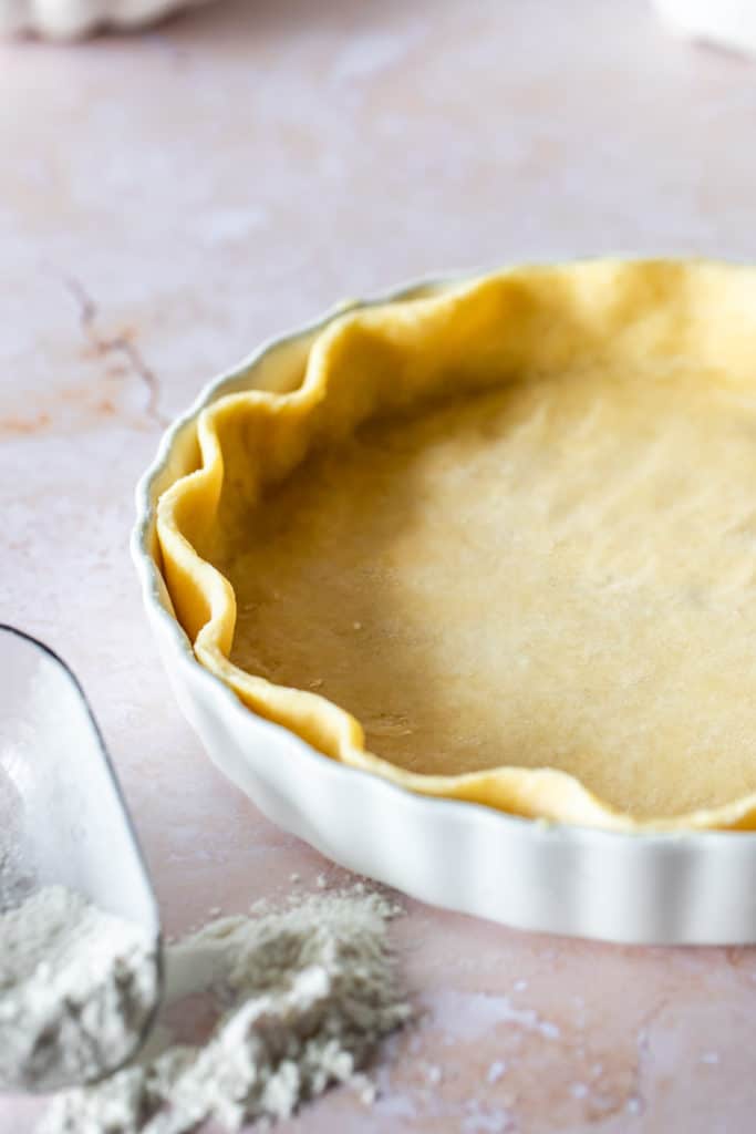 pie crust in white baking dish 