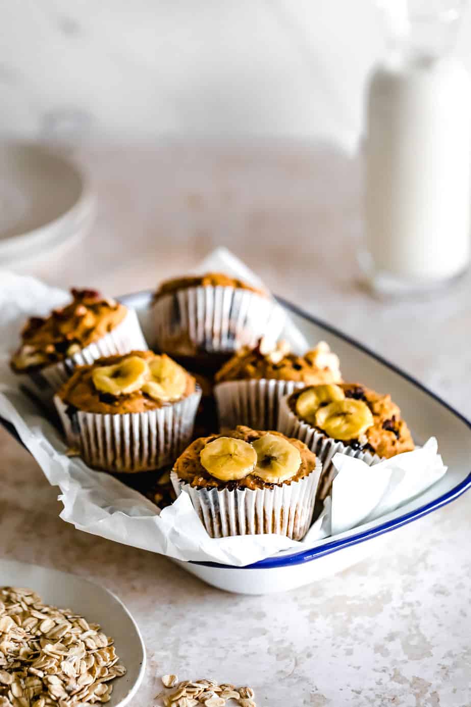 A tray filled with Pumpkin Banana Oatmeal Muffins.