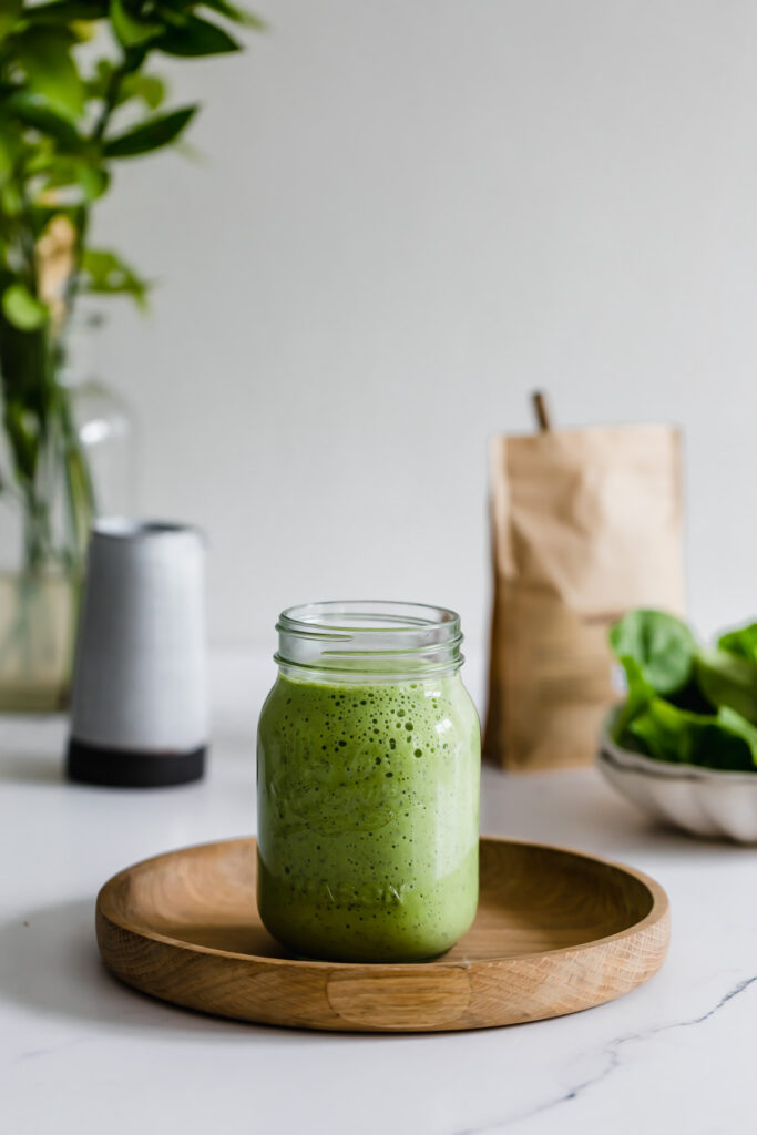 pineapple spinach smoothie in a mason jar with white straw
