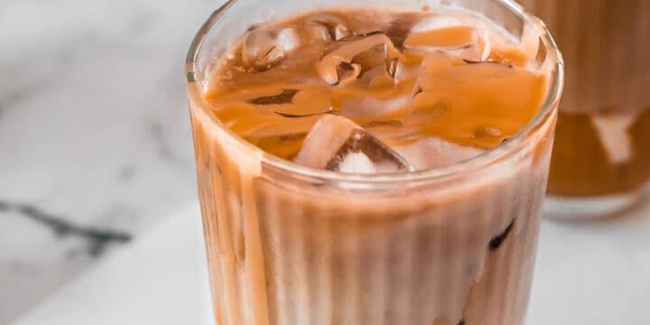 iced caramel latte on marble board