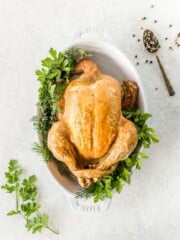 rotisserie chicken in white ceramic dish