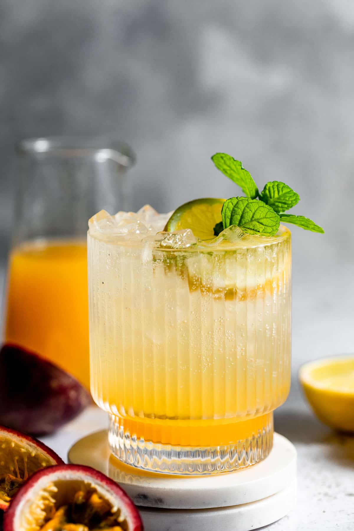 deep eddy lemon vodka mixed with passionfruit pulp and topped with fresh mint
