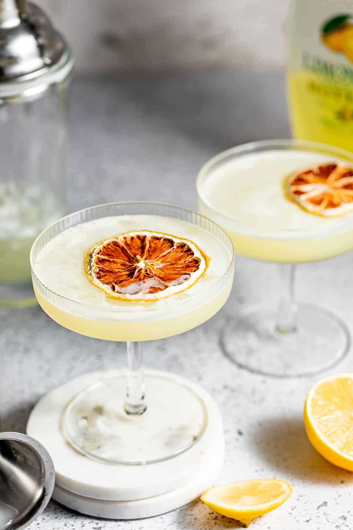 An Italian lemon cocktail in a martini glass.